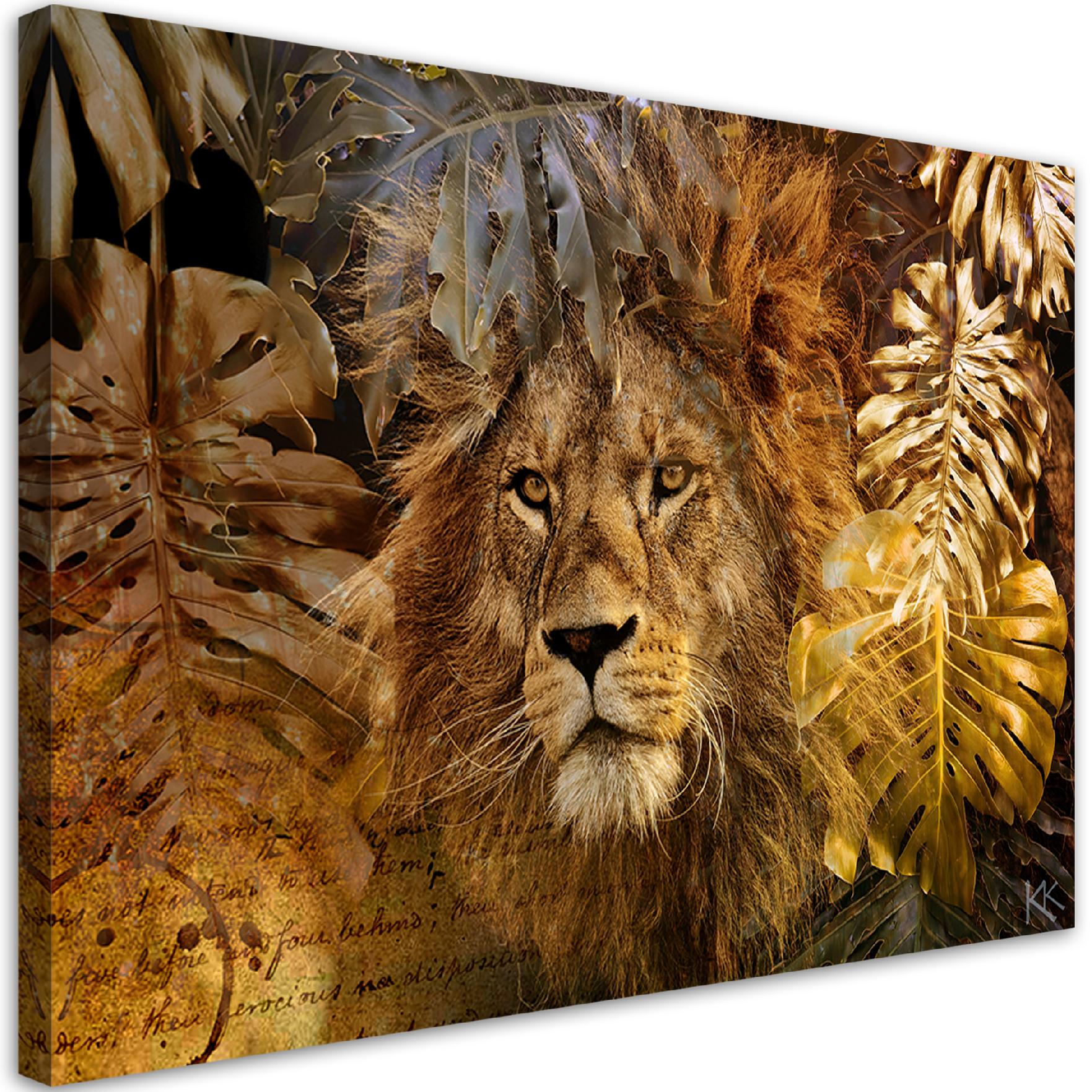 Obraz na płótnie, Lew i złote liście Monstera 60x40