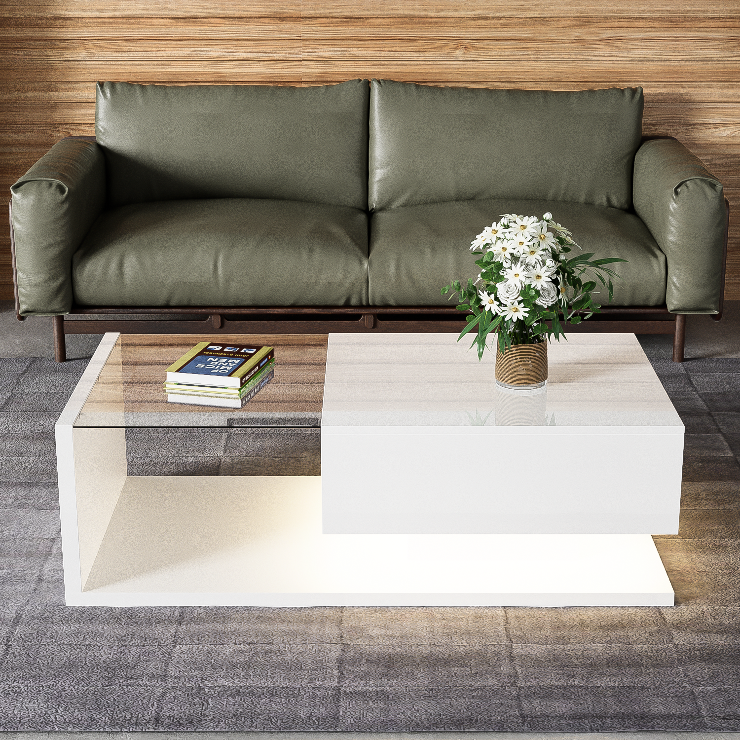 Table basse avec LED - en verre et panneaux de particules - Blanc - 5