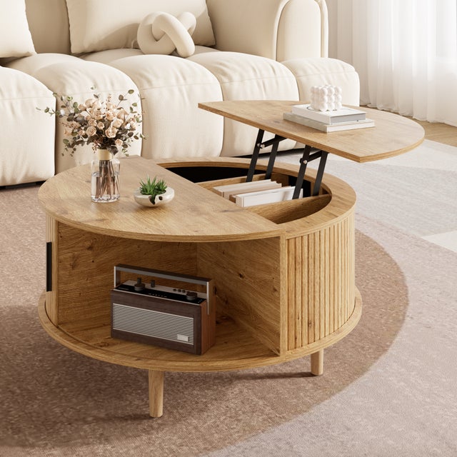 Table basse ronde 80x80x59 cm avec rangement réglable et porte coulissante, design lattes verticales, MDF, chêne