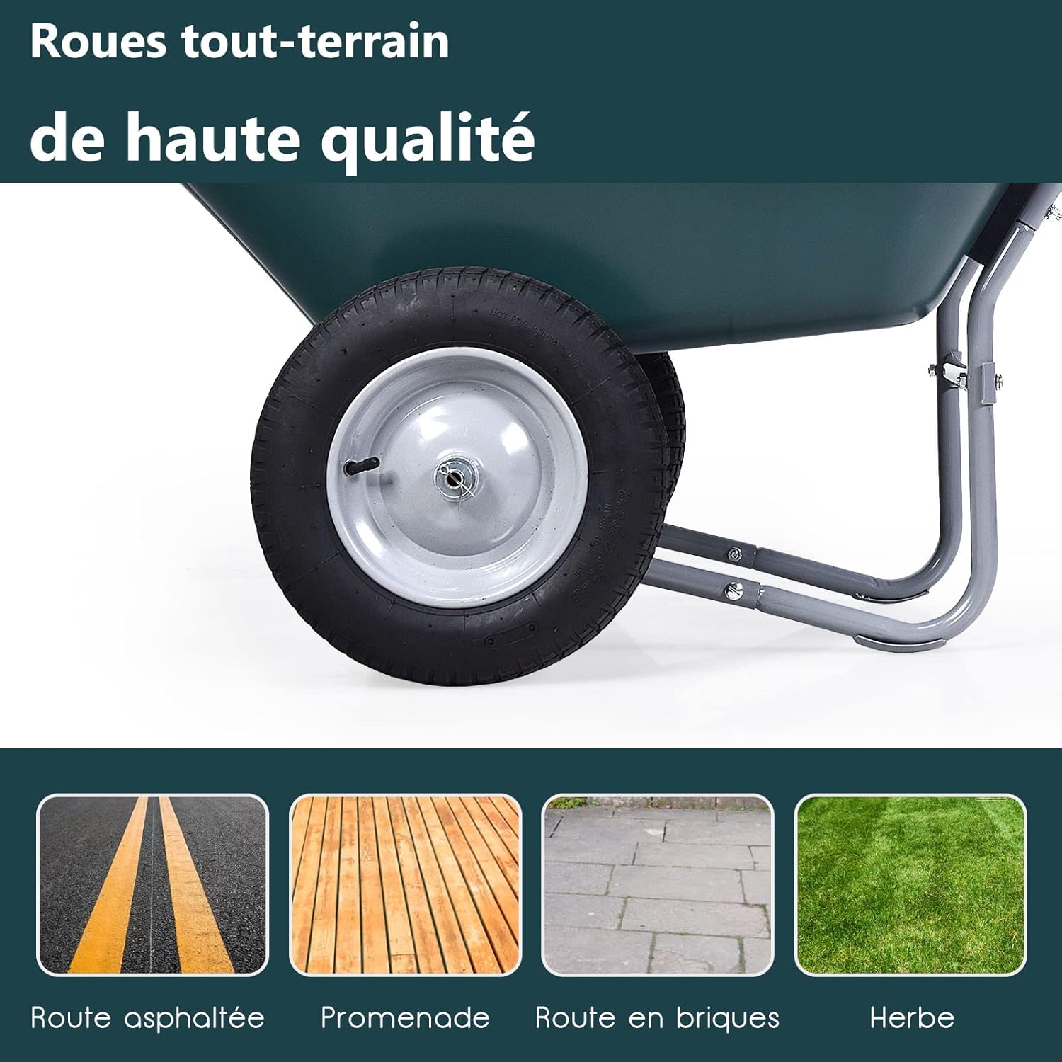 Brouette de Jardin 2 Roues Pneus Pneumatiques Ø35cm 75L Charge Max 100KG Résistante en Fer pour Jardinage/Maçonnerie Vert - 6