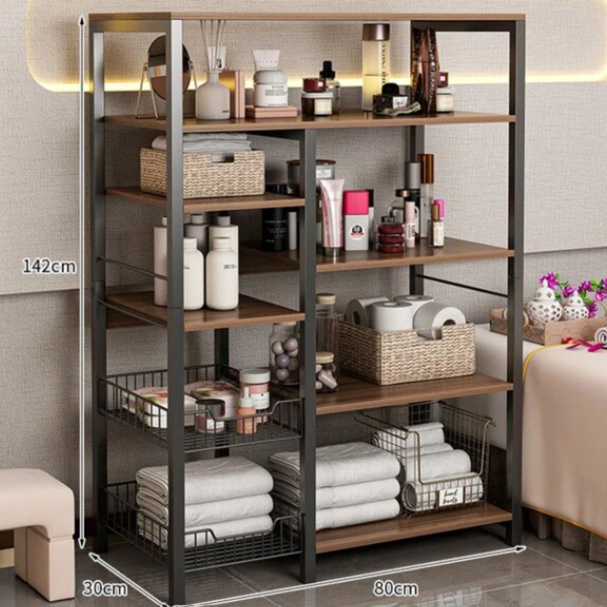 Etagère de cuisine, étagère pour micro-ondes, étagère ouverte 2 grilles et plusieurs étagères 80x30x142cm, couleur noir et bois - 3