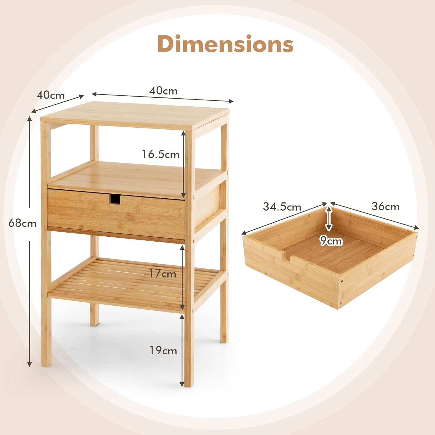 Lot de 2 Tables de Chevet en Bambou, Table de Nuit avec Tiroir, 3 Étagères, Chevet de Lit Bout de Canapé Simple Moderne à 3 Niveaux, 40X40X68CM - 3