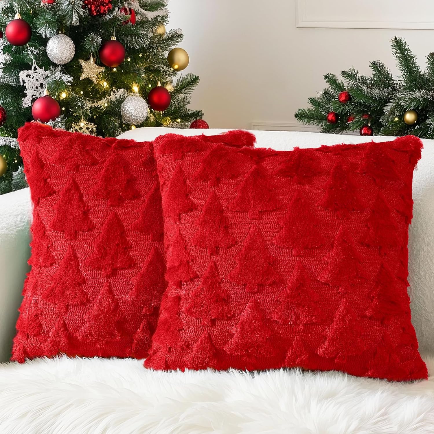 2 Housses De Coussin Noël Carreaux Rouge Et Blanc – Tissu Lin, 45 X 45 Cm – Décoration Salon, Canapé, Chambre – Style Rustique Festif