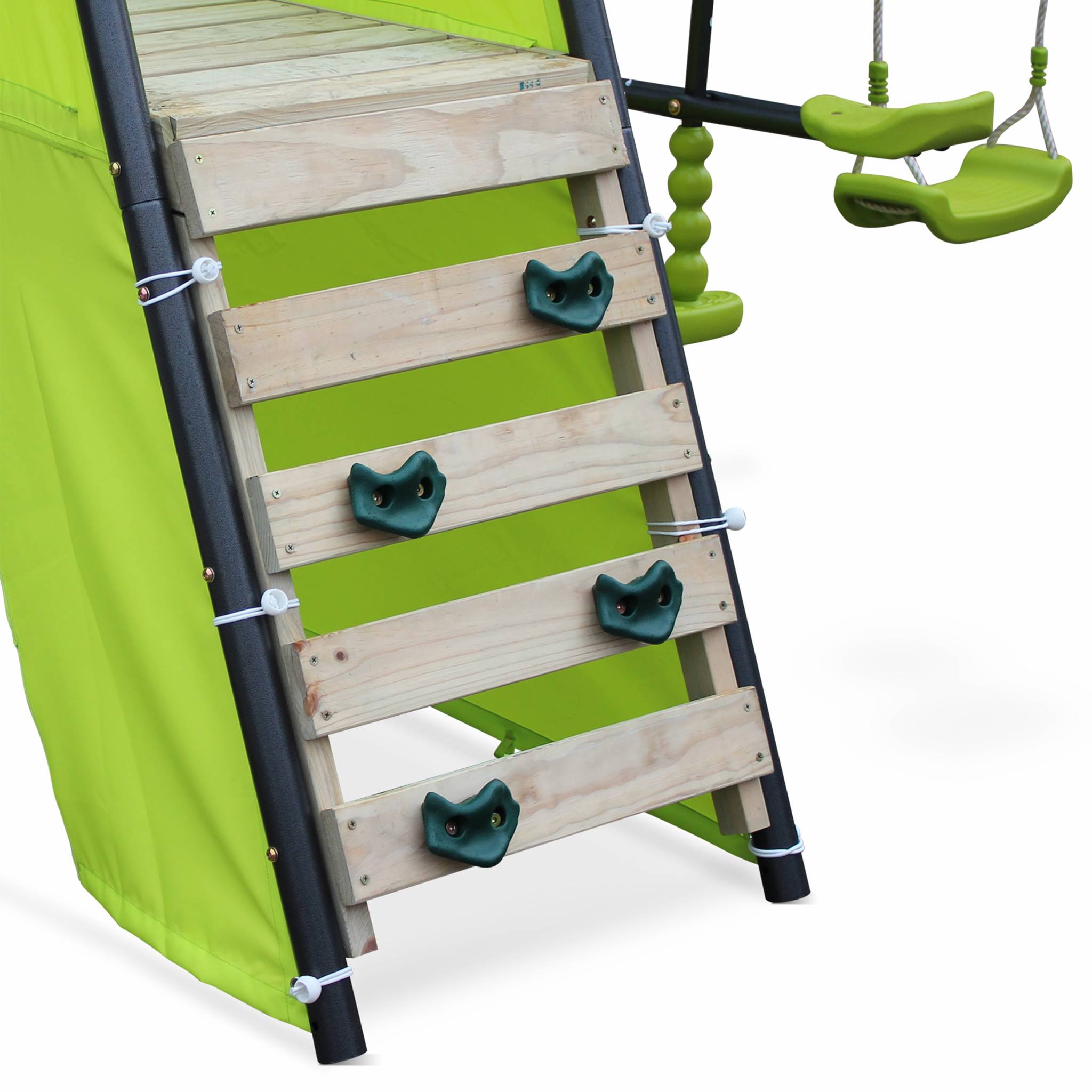 Balançoire 5 agrès - Portique avec 2 balançoires. 1 face à face. 1 toboggan. 1 panier de basket. 1 mur d'escalade et 1 - 3