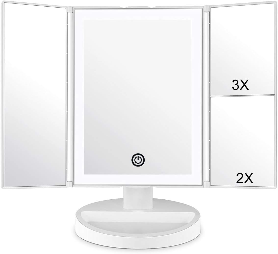 Lusterko do makijażu z oświetleniem LED i ekranem dotykowym, powiększenie 1X/2X/3X, regulowany obrót o 180°, bateria i USB (białe)