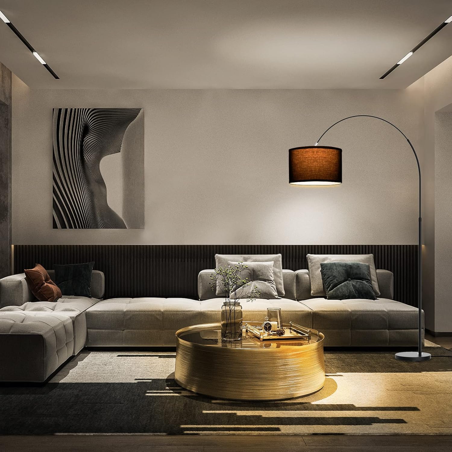 Lampadaire Arc, Lumière Chaude 3000K, LED E27 9W, Abat-Jour Noir 33cm, Interrupteur au Pied, Éclairage Doux pour Chambre, Bureau, Salon - 4