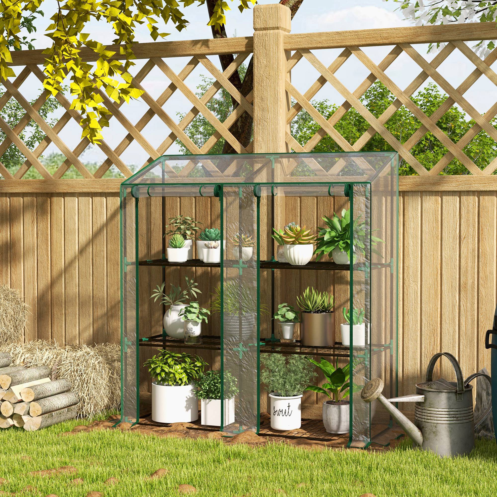Mini serre de jardin 3 niveaux avec bâche en plastique, 2 portes enroulables, 6 étagères, dim. 143L x 46l x 141/151H cm - 4