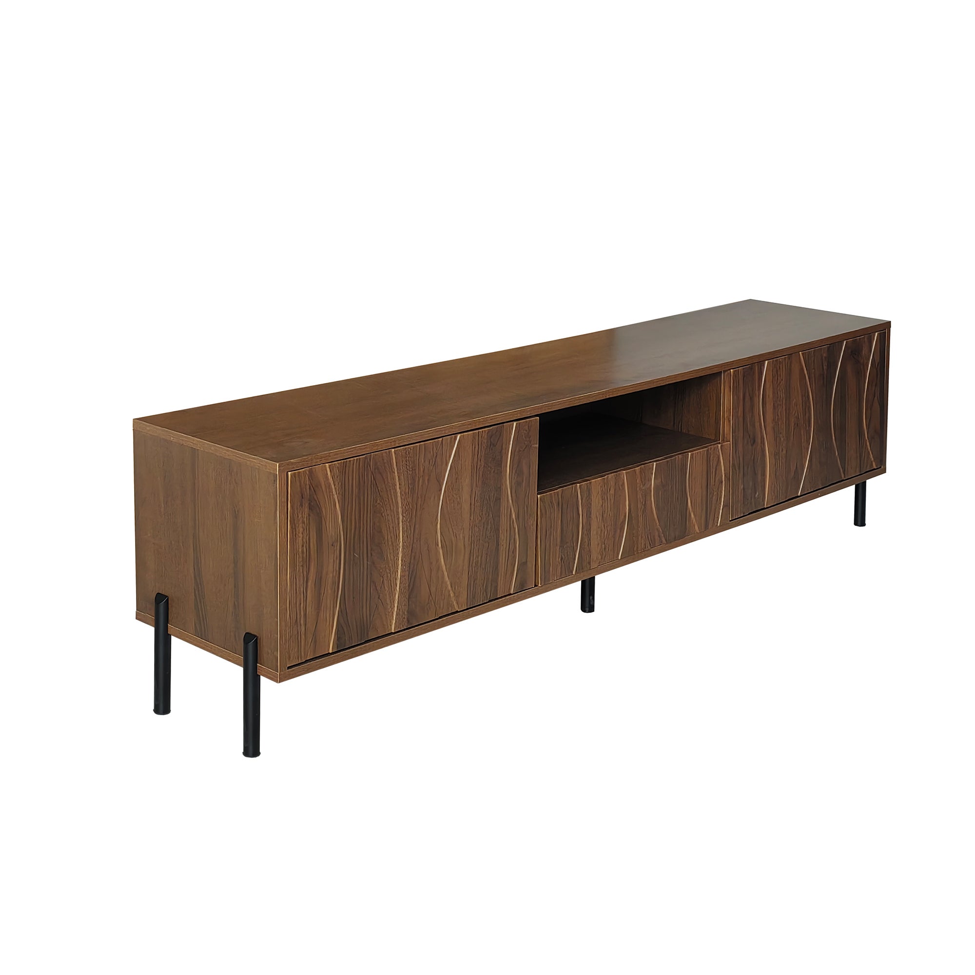 Meble pod TV 160x35x46cm - z 3 frontami - z otwartą przestrzenią do przechowywania - Nogi żelazne - MDF - Kolor naturalny - 9