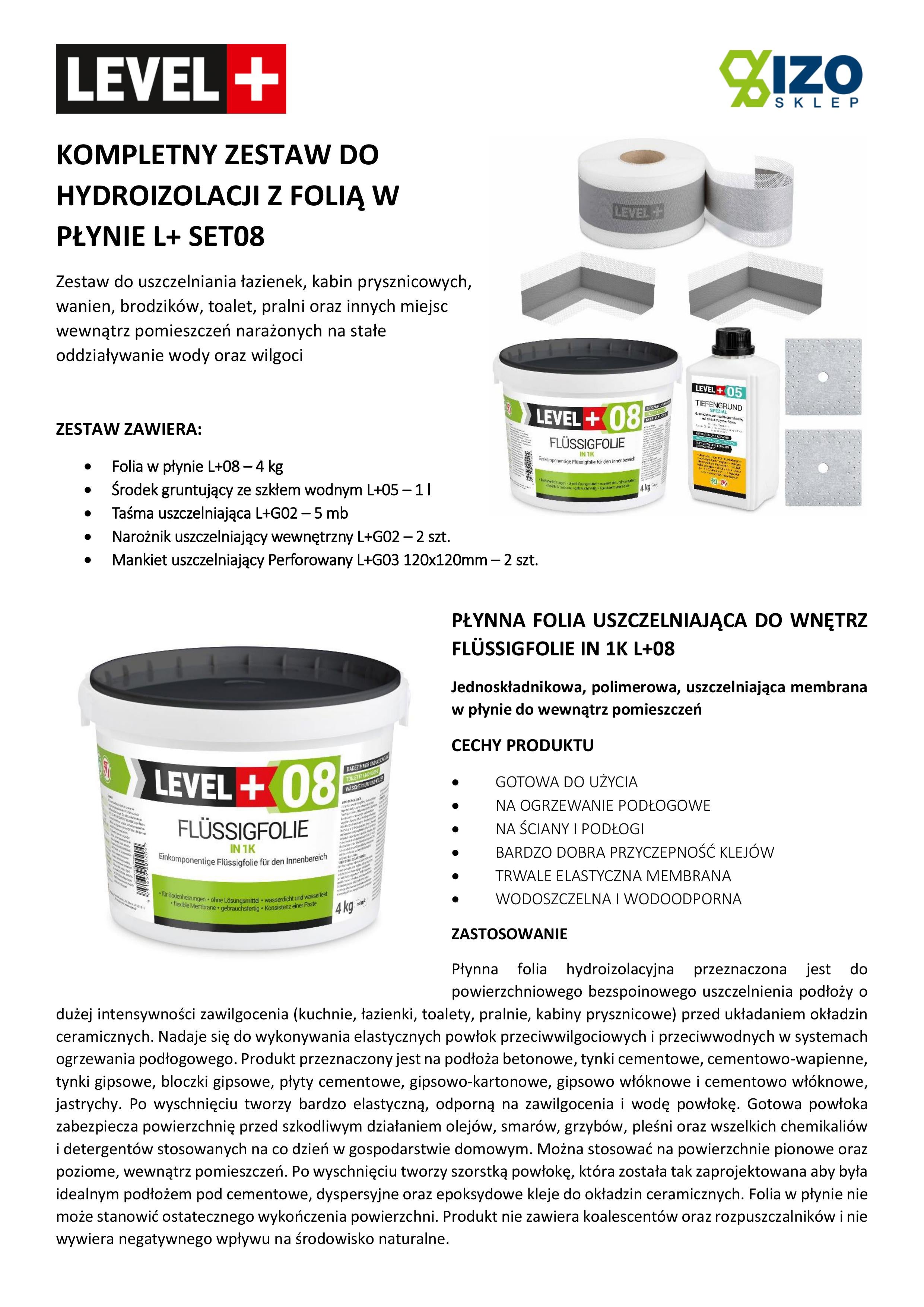 LEVEL+ Kit d'étanchéité pour l'étanchéité de la douche Salle de bain Bande d'étanchéité Film liquide 4kg SET08 - 8