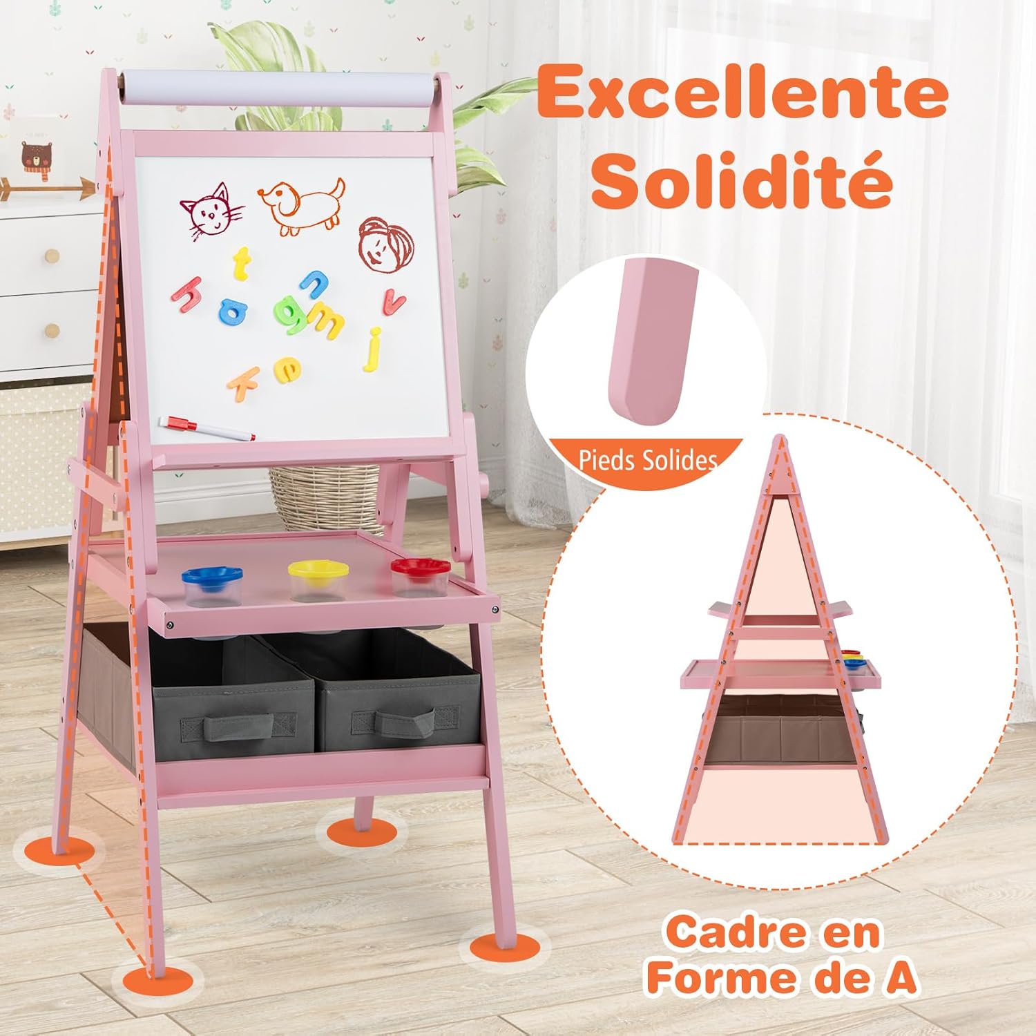 3 en 1 Chevalet d'Art Enfant avec Tableau Noir & Blanc Magnétique, Tableau Enfant Double Face avec Rouleau de Papier & 2 Bacs en Tissu (Rose) - 4