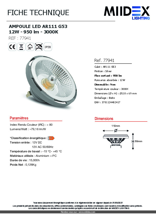 Ampoule LED AR111 G53 – 12W – 3000K – Gris – Spot Blanc Chaud - 7