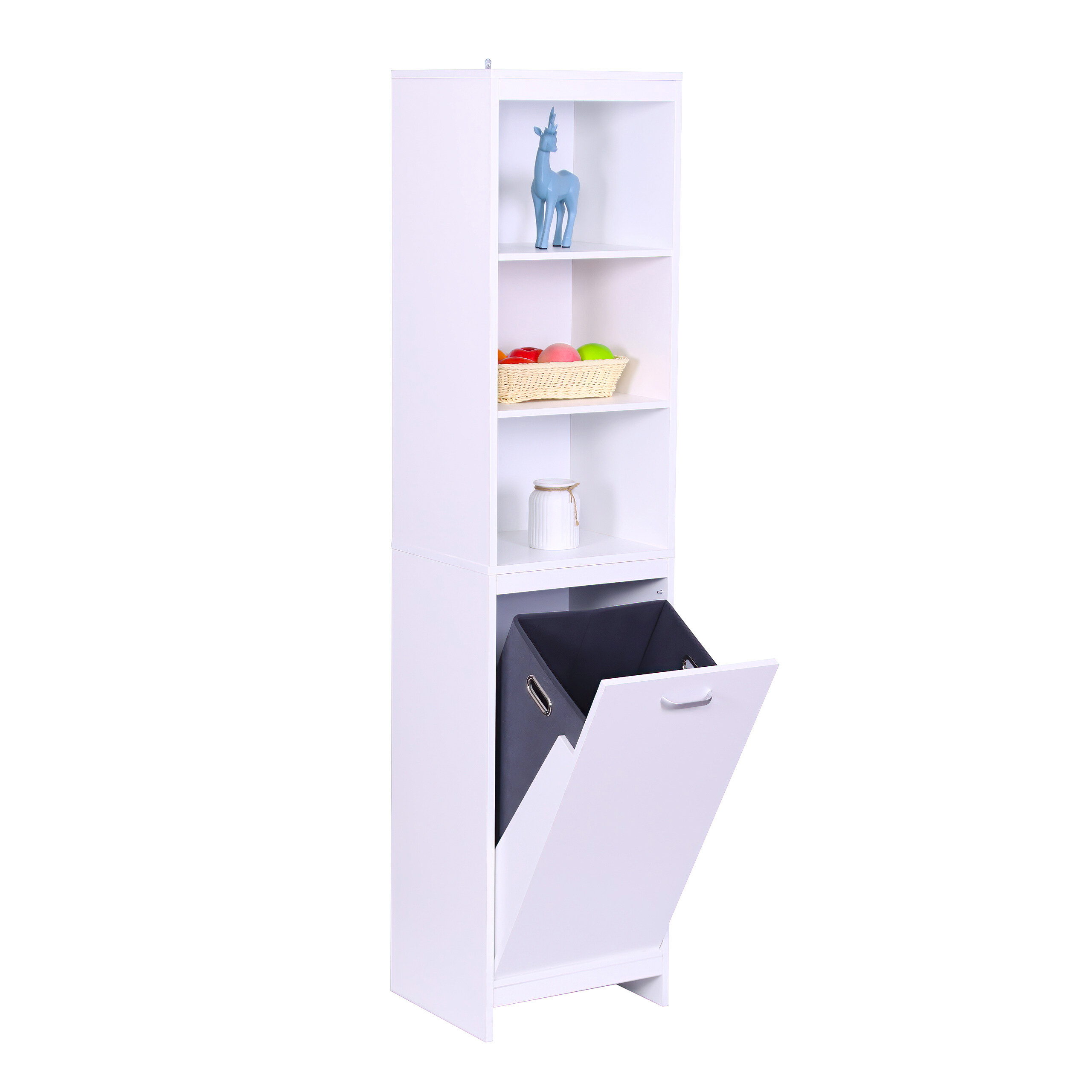 Armario de lavandería con bolsa plegable 44 l, 3 estantes, 172x40x35 cm, armario alto de baño blanco, relaxdays
