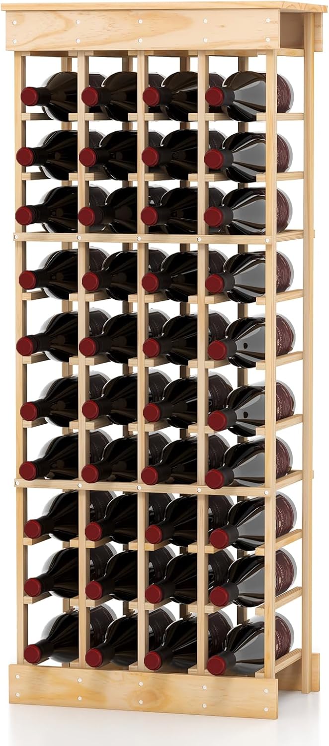 Stojak na 40 Butelek, Regał na Wino z Litego Drewna Sosnowego, Poziome Przechowywanie Butelek, 47 × 28 × 113 cm, Naturalny