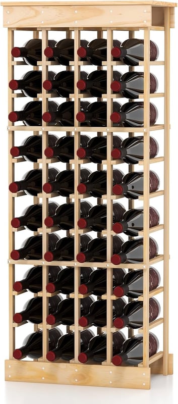 Stojak na 40 Butelek, Regał na Wino z Litego Drewna Sosnowego, Poziome Przechowywanie Butelek, 47 × 28 × 113 cm, Naturalny
