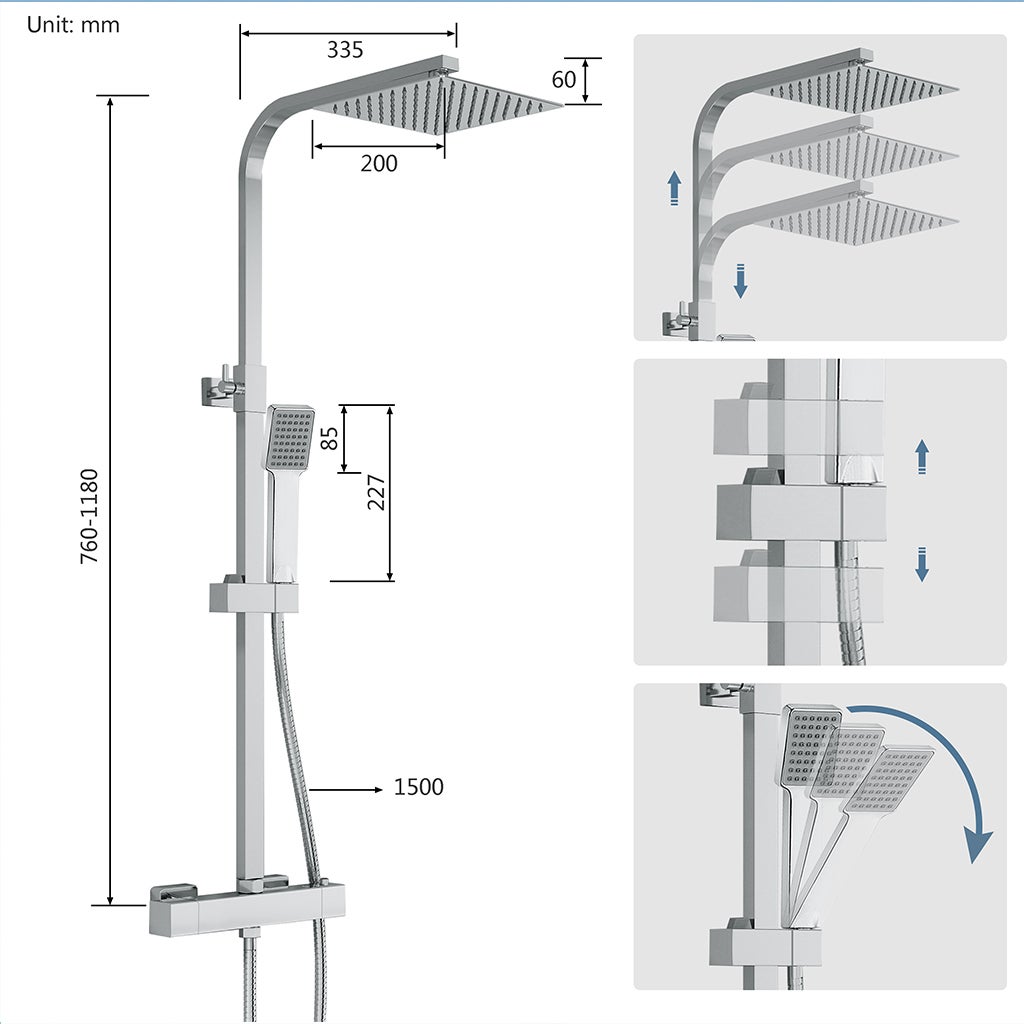AICA Kit doccia con rubinetto termostatico, soffione doccia quadrata acciaio inox, asta doccia regolabile 76-118cm, cromato, antiscottatura - 8