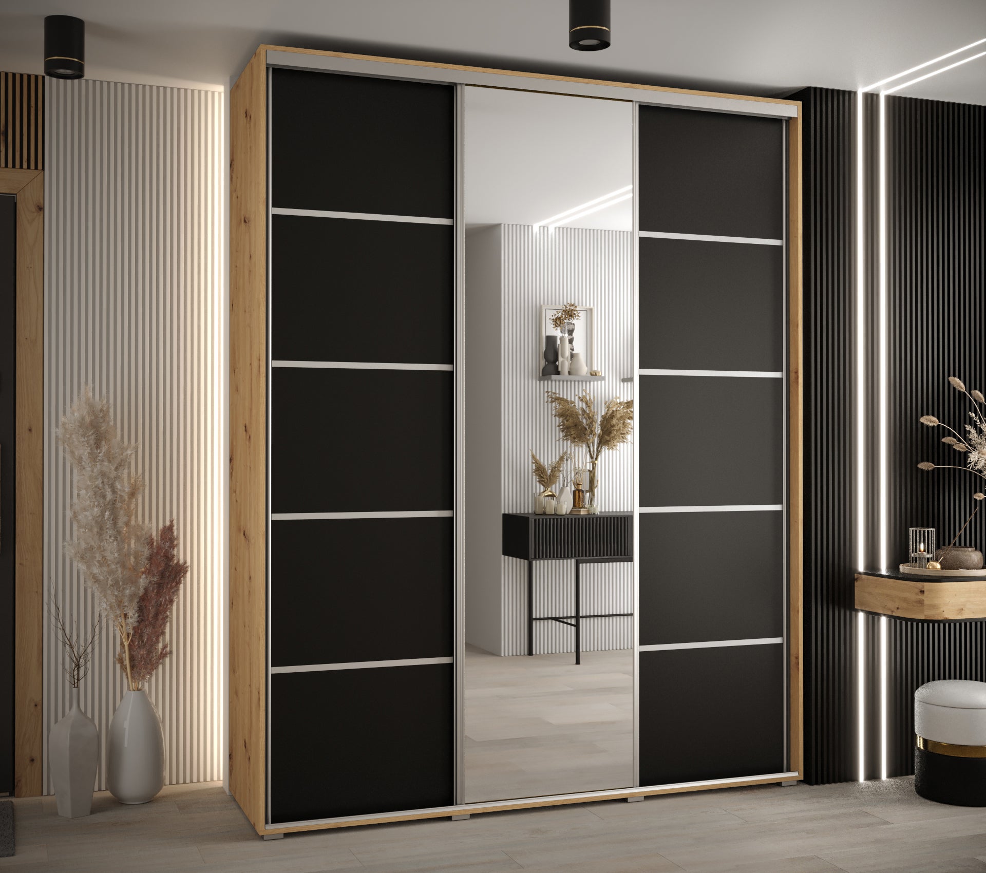 Szafa przesuwna z lustrem wysoka Davos 5 190 x 60 x 235,2 cm artisan + czarmy + u. srebrny - Abiks Meble - 2
