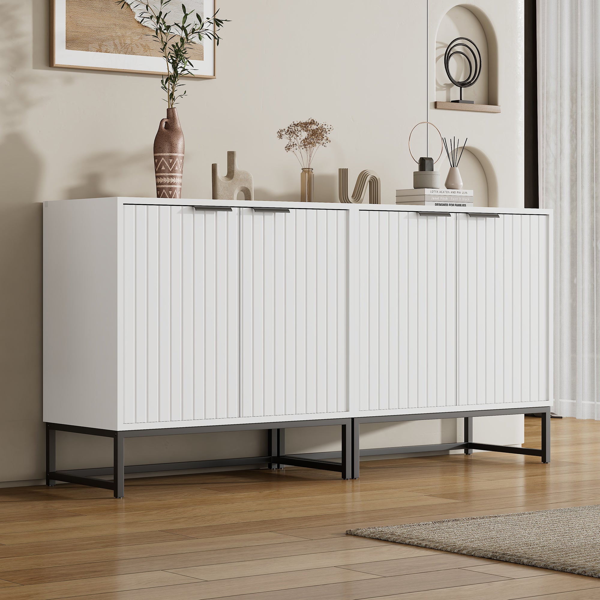 Buffet moderne à 4 portes, buffet avec poignées et pieds en métal, 160x40x80,5 cm, panneaux de particules, blanc - 2
