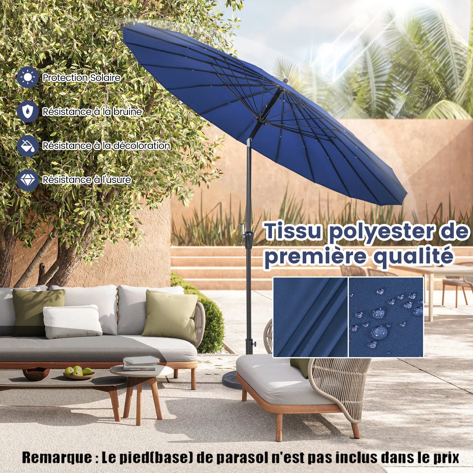 Ombrellone da Giardino Rotondo di 265 cm, Ombrellone da Patio con 18 Costole, Inclinazione a Pulsante, Parasole con Supporto in Metallo, per C - 5