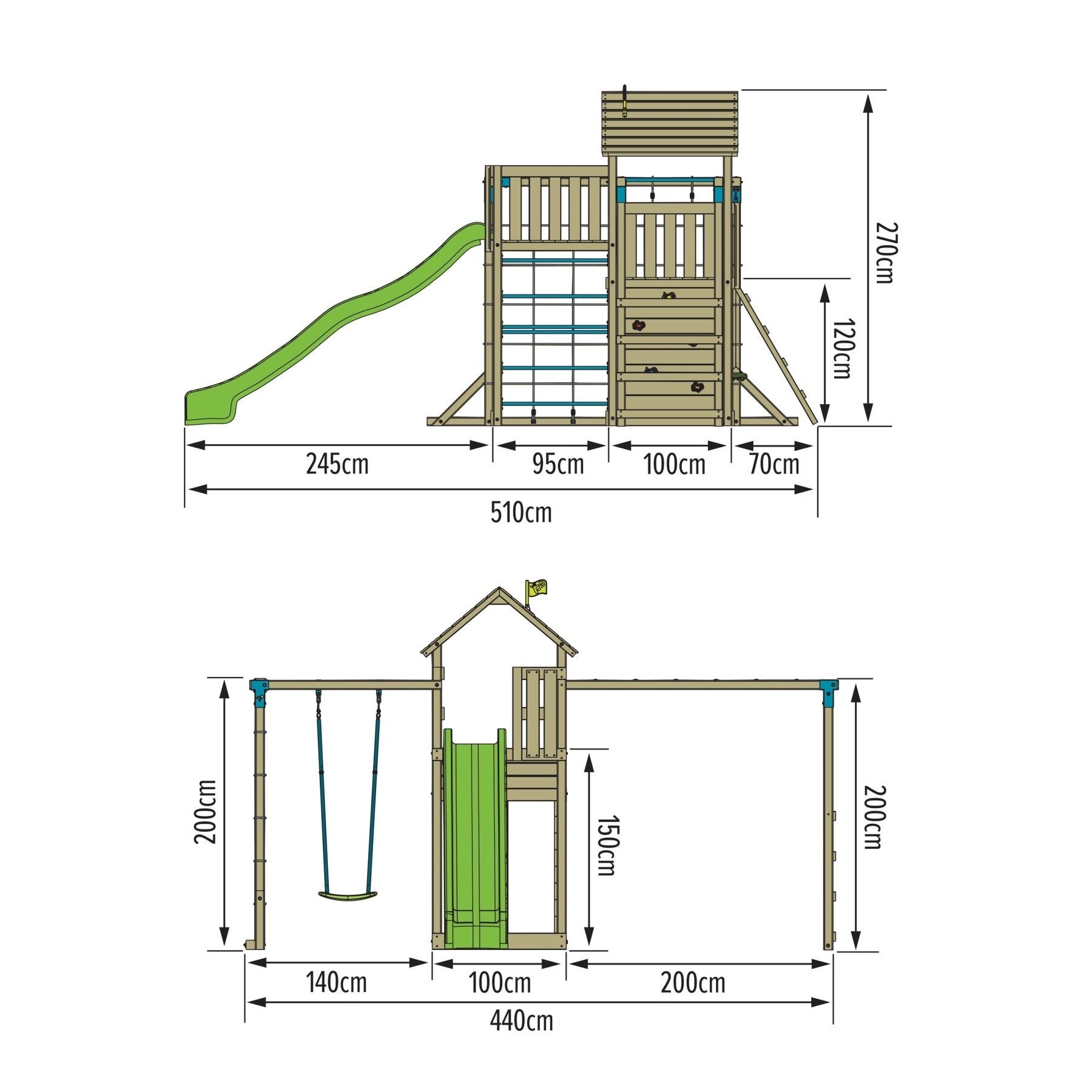 Aire de jeux XXL TILLEUL SKYWOOD double plateforme - filet à grimper - balançoire - bac a sable - toboggan - bois FSC® - 4