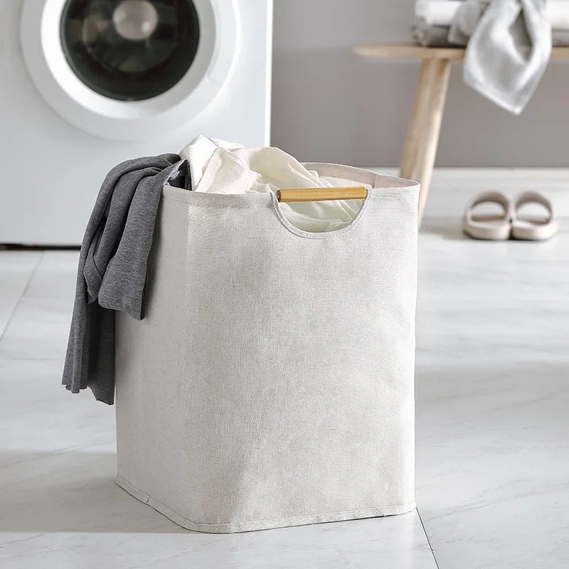 2 bacs à linge en coton et lin avec poignée pour vêtements sales, sac de rangement pliable pour articles divers, rayures verticales, 40 x 27 x 56 cm - 7