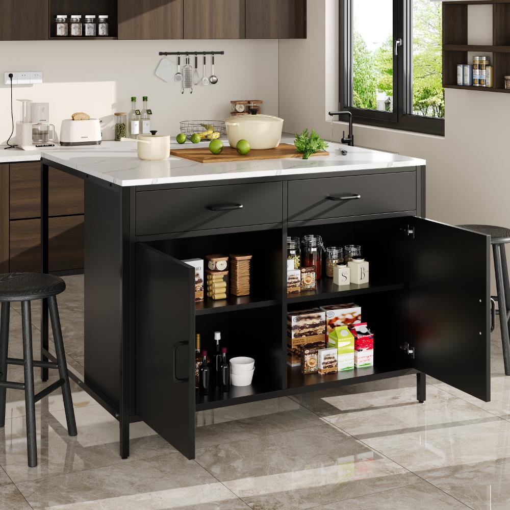Table haute noire avec plateau effet marbre, pieds réglables, rangement pratique, design moderne pour cuisine et salon - 100×90×90cm - 2