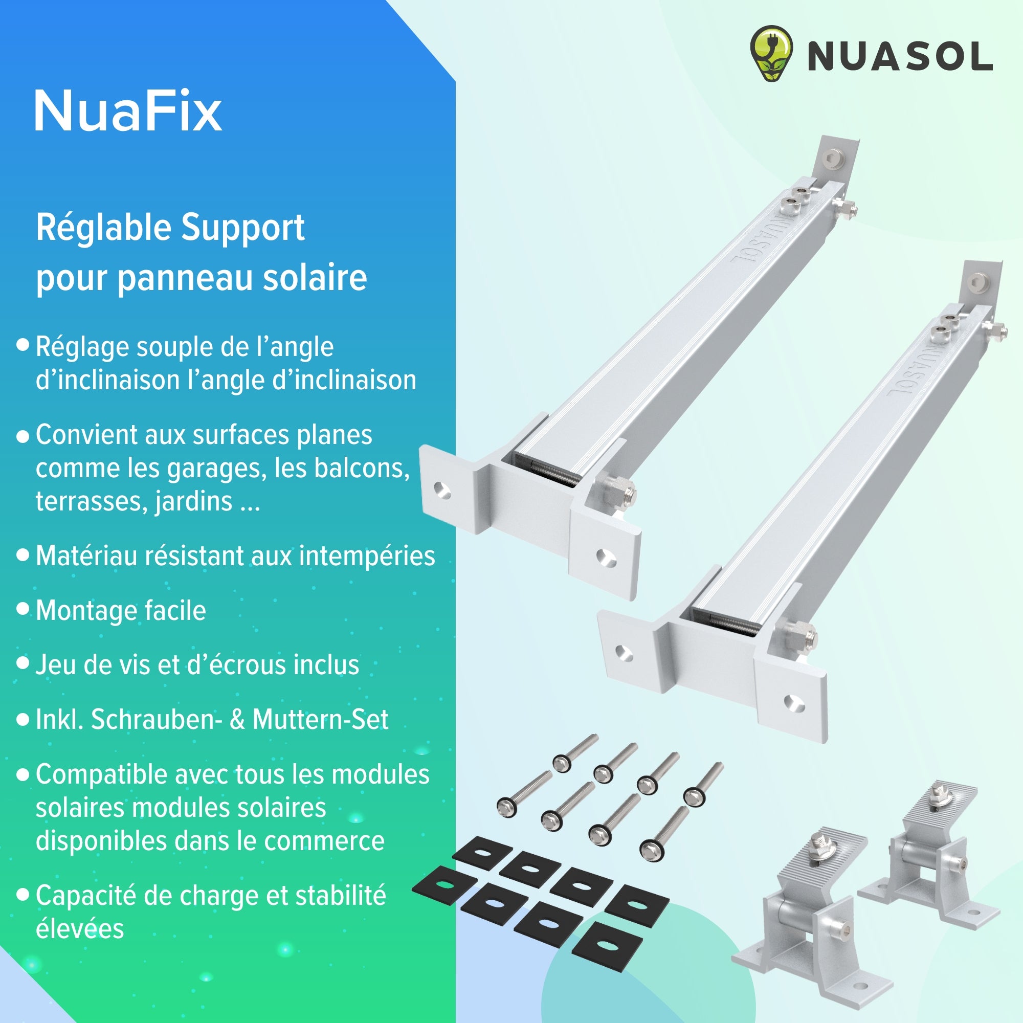 NUASOL Lot de 2 supports de centrales électriques de balcon Support de panneau solaire réglable pour installations photovoltaïques Angle d'inclinaison - 3