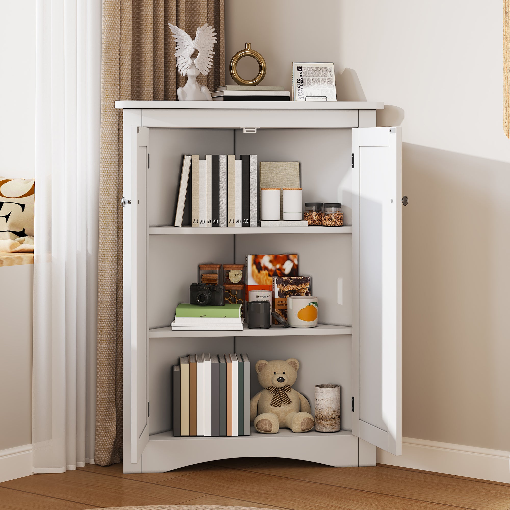 Narożna szafka łazienkowa z 2 drzwiami i 3 półkami - 61,5 x 34,5 x 90 cm - MDF - Styl rustykalny - Biały