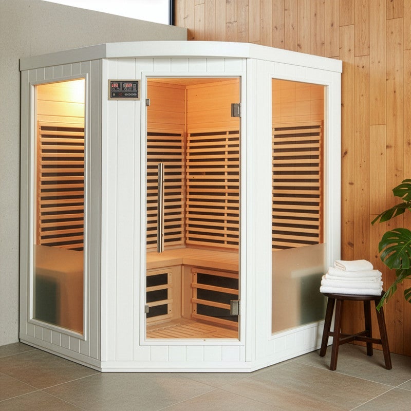 SNÖ Sauna d'angle infrarouge 3-4 places 2200W Hemlock blanc 9 panneaux carbone - 2