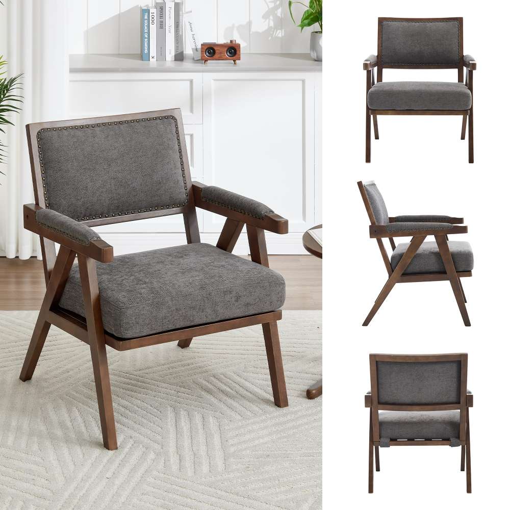 Fauteuil Lounge Tissu Moderne Mid-Century avec Accoudoirs et Cadre Bois pour Salon, Chambre, Bureau - 7
