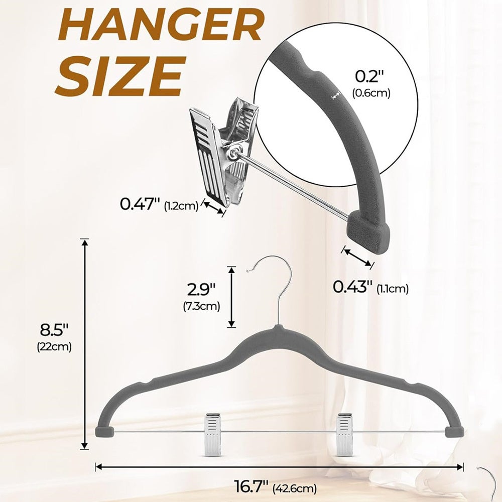 Confezione da 10 grucce in velluto grigio per cappotti, pantaloni e abiti; robuste grucce in feltro antiscivolo, reggono fino a 2,3 kg - 6