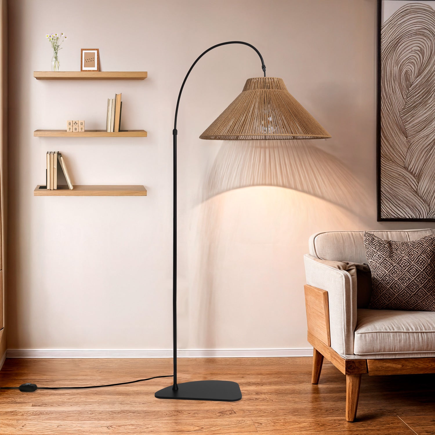 Lampadaire Extérieur Métal et Corde | E27 Ampoule Compatible | Design Unique IP44 | Usage Intérieur Extérieur | Hauteur 1552mm, - 3