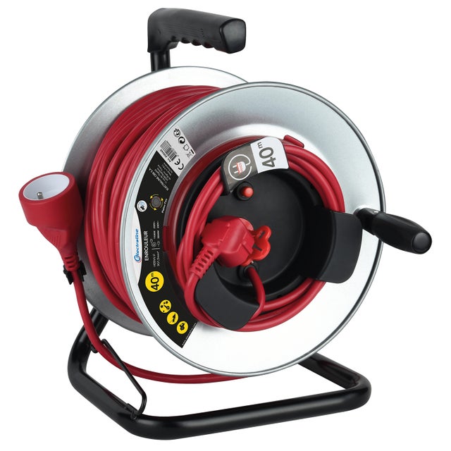 Electraline 208668 Enrouleur Jardin Professionnel avec Prolongateur en métal avec Platine Fixe, 40M, H05VV-F 3G1.5mm, avec Guide pour Le câble, Rouge