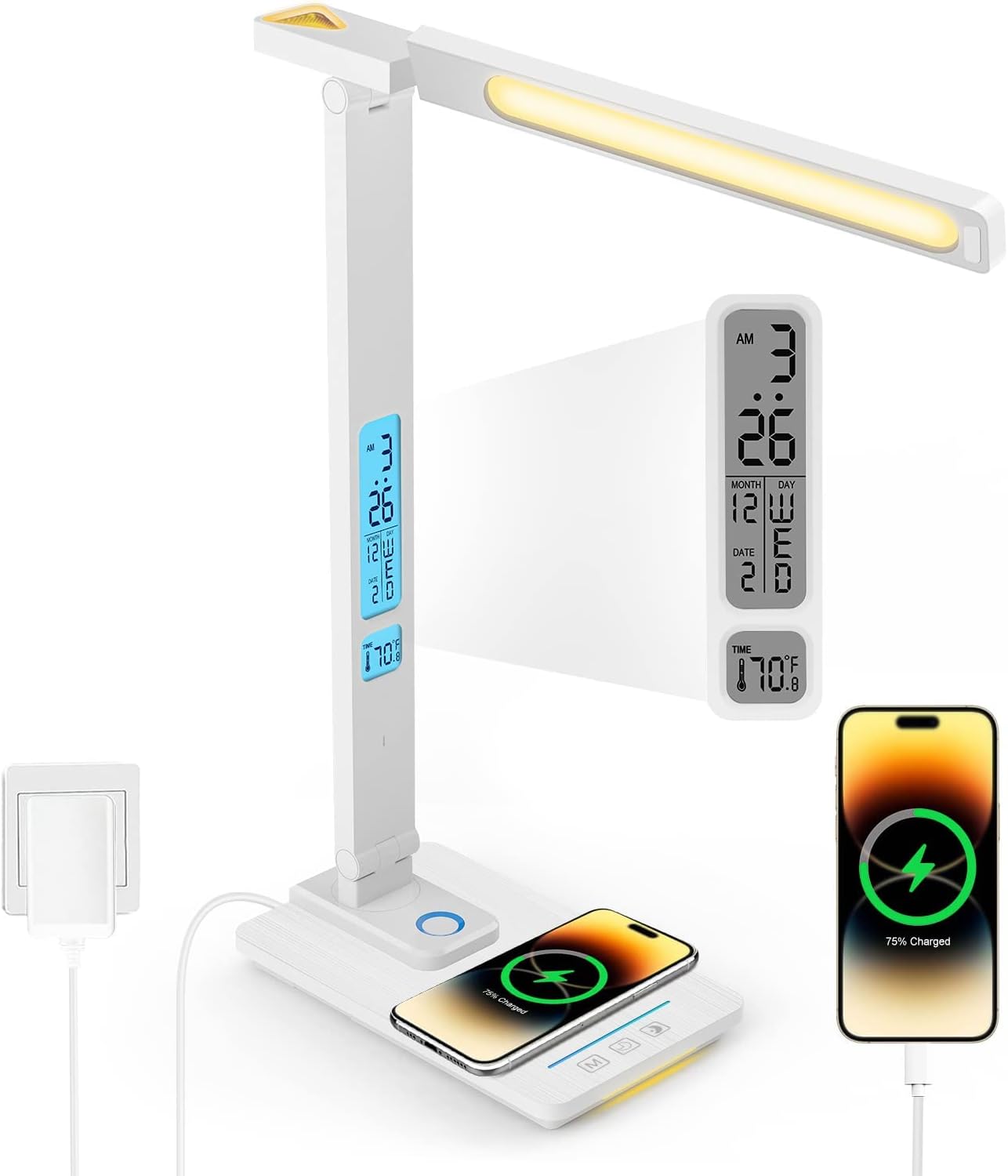 Ściemniana lampka biurkowa LED z funkcją ładowania, zegarem, lampką nocną, portem USB, składana.
