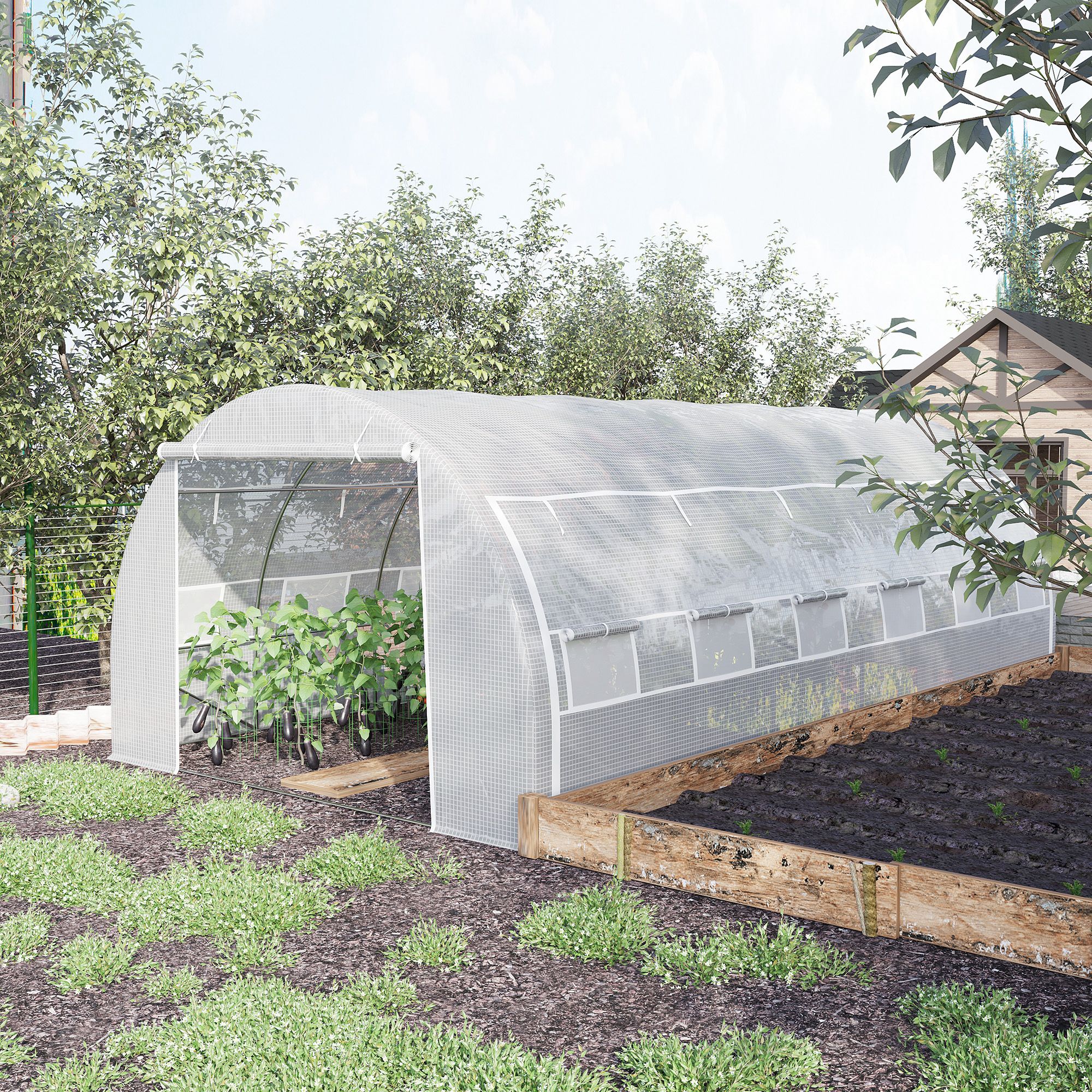 Serre de jardin 18m² 6x3x2m, portes et parois zippées, 12 fenêtres, PE 140g/m² anti-UV, acier, blanc, pour potager - 4