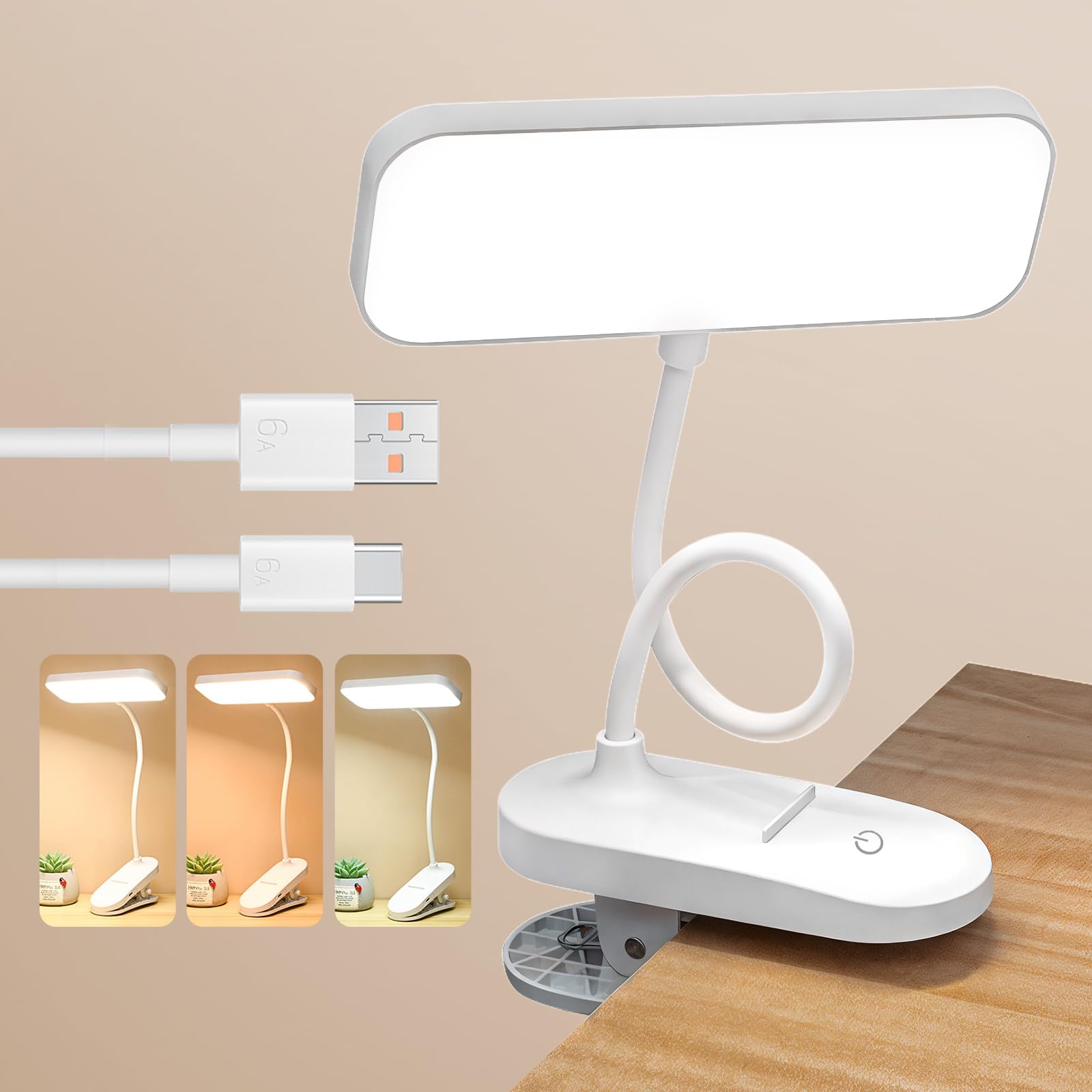Lampka do czytania 20 LED, lampka biurkowa USB 360° elastyczna, ochrona oczu, 3 kolory i regulowana intensywność, do czytania w łóżku, dla dzieci, w p