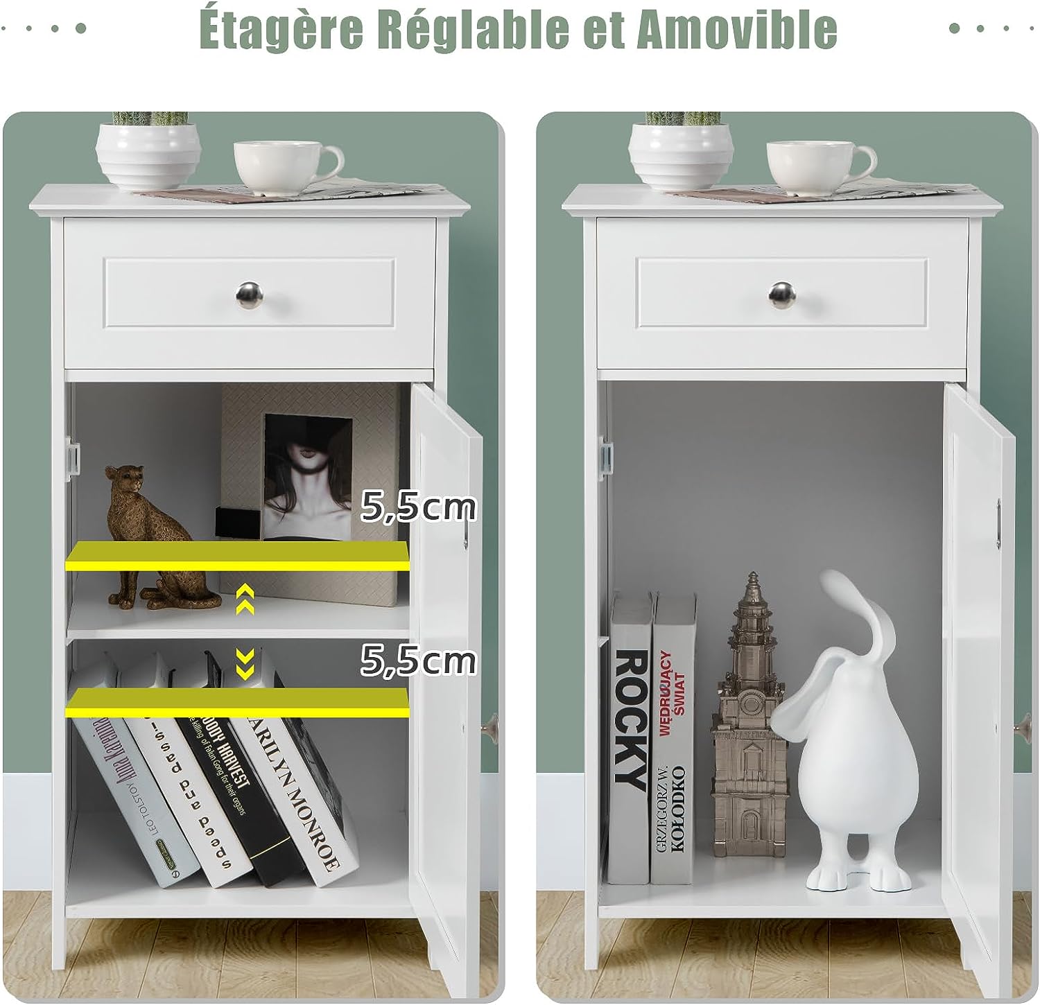 Mobile da Pavimento per Bagno, Armadio da Bagno con Ripiano Regolabile in 3 Posizioni Cassetto, Mobile Multifunzionale per Bagno Soggiorno e L - 2