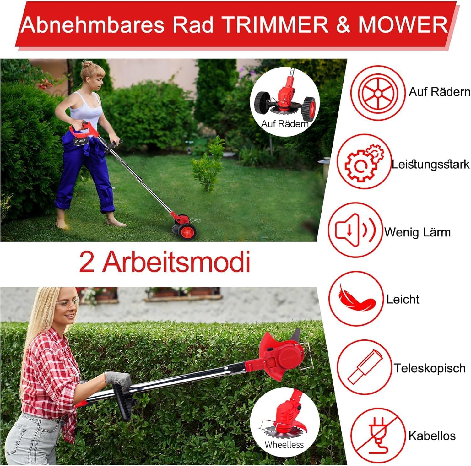 Débroussailleuse sans Fil 21V - Batterie 4000mAh, Légère et Silencieuse, 4 Types de Lames pour Jardinage - 5