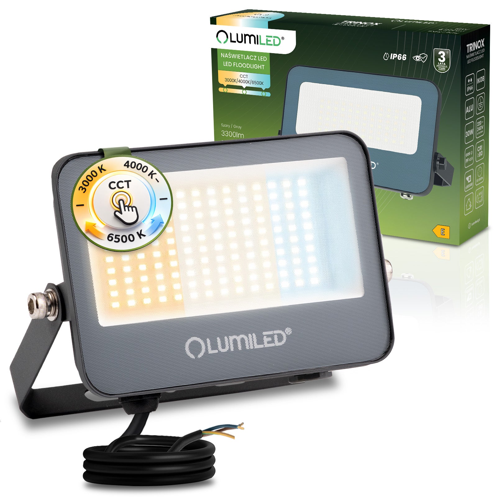 Naświetlacz LED Lumiled TRINOX 30W 3300lm CCT IP66 Szary 1 szt.