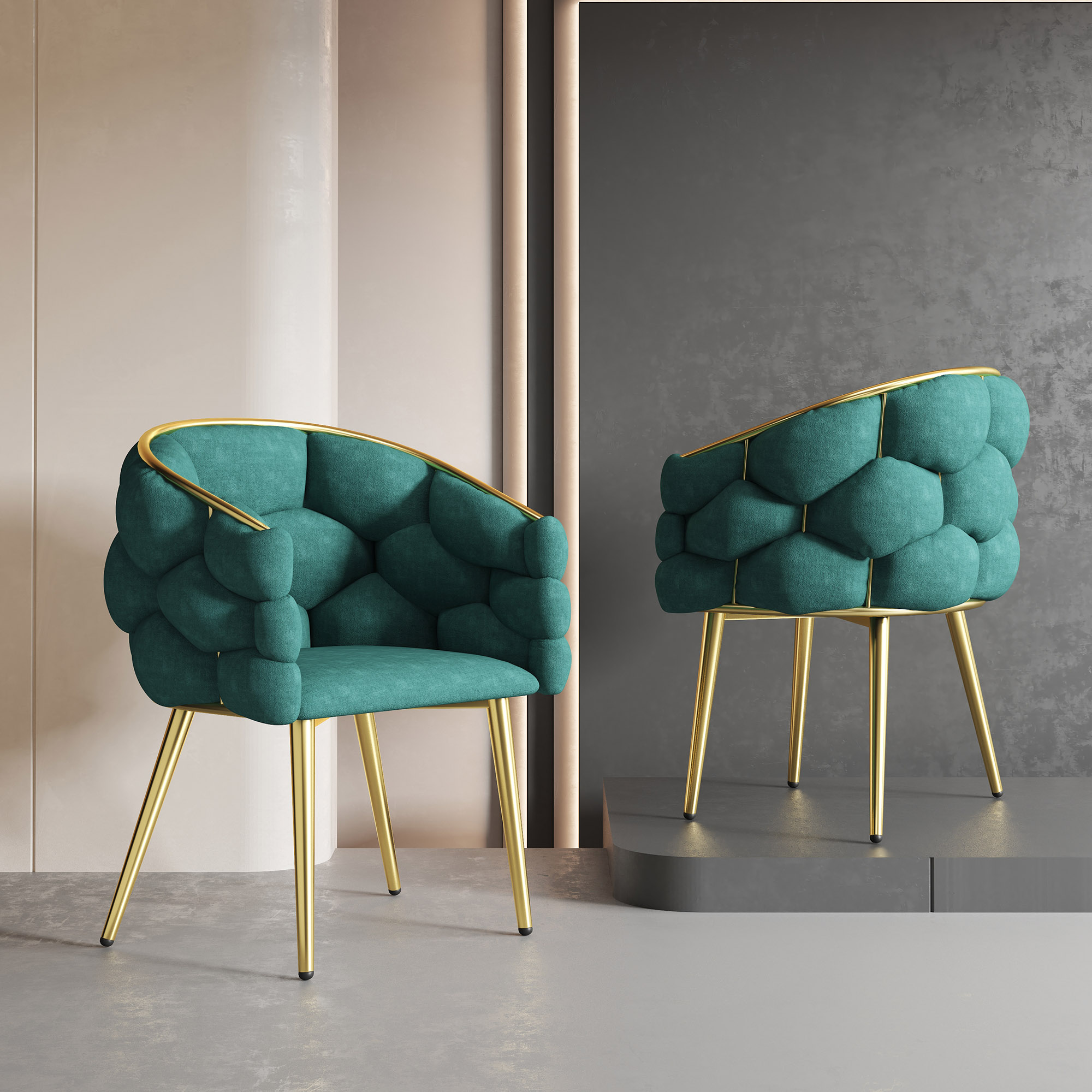 1 silla de terciopelo de lujo (1 juego de tumbonas y 1 silla de estilo moderno), patas de hierro dorado, silla verde, silla burbuja