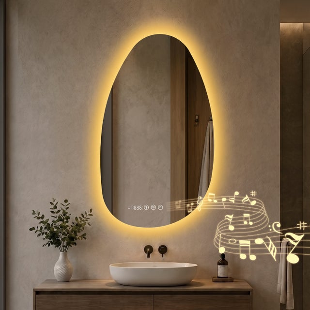 S'AFIELINA Miroir de Salle de Bain avec Éclairage Asymétrique 85 x 50 cm, 3 Couleurs de Lumière Réglables, Antibuée, Bluetooth, Horloge, Température
