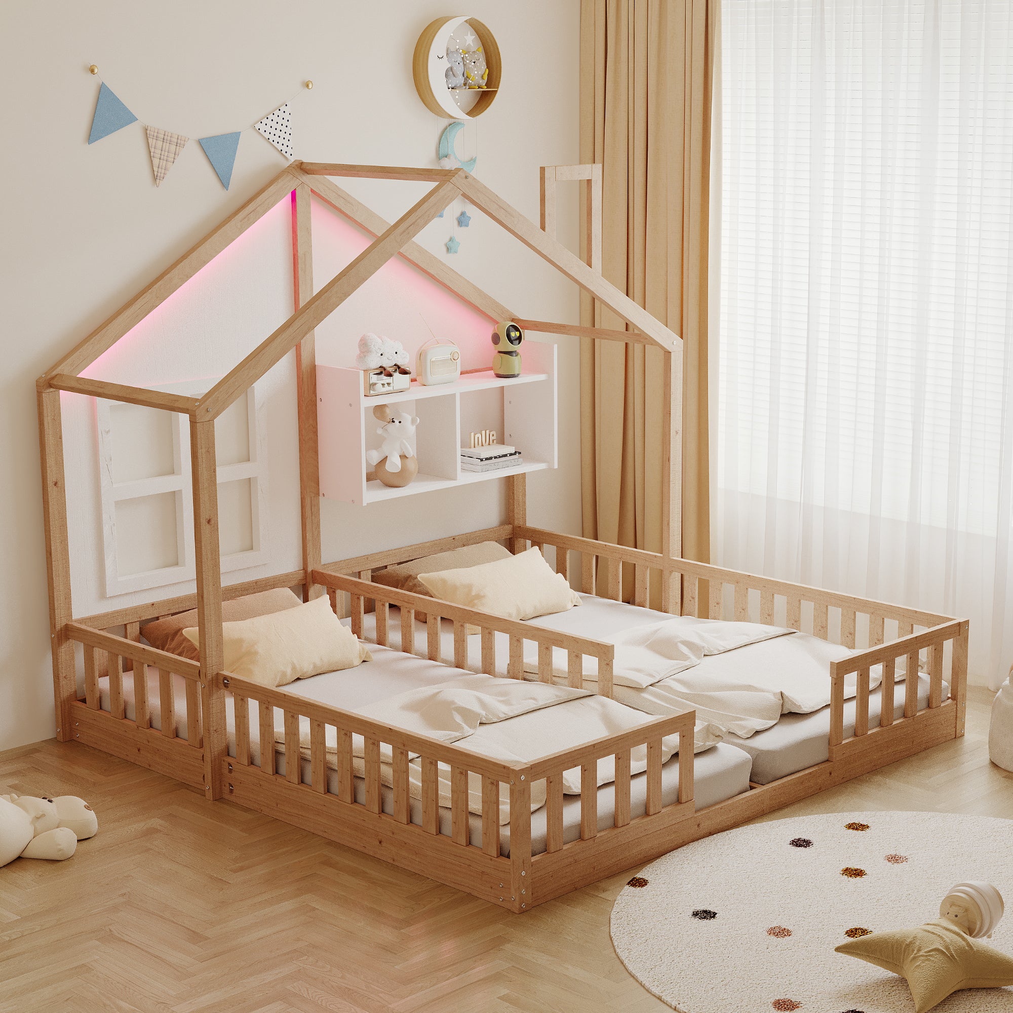 Łóżko dziecięce 2 x 90 x 200 cm z półkami i barierkami - Sklejka + MDF + sosna - Diody LED - Kolor drewna (Materac nie jest wliczony w cenę)