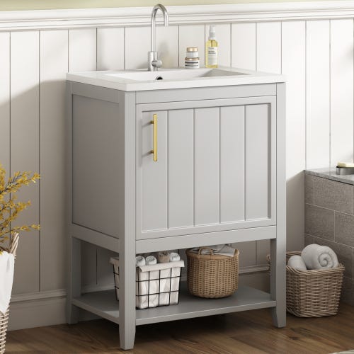 MUEBLES PITARCH | Mobile basso per lavabo, armadietto da bagno, larghezza 60cm, con ruote, 1 porta a sinistra o a destra, Bianco e Rovere Aurora, modello Sintra MUEBLES PITARCH | Mobile basso per lavabo, armadietto da bagno, larghezza 60cm, con ruote, 1 porta a sinistra o a destra, Bianco e Rovere Aurora, modello Sintra