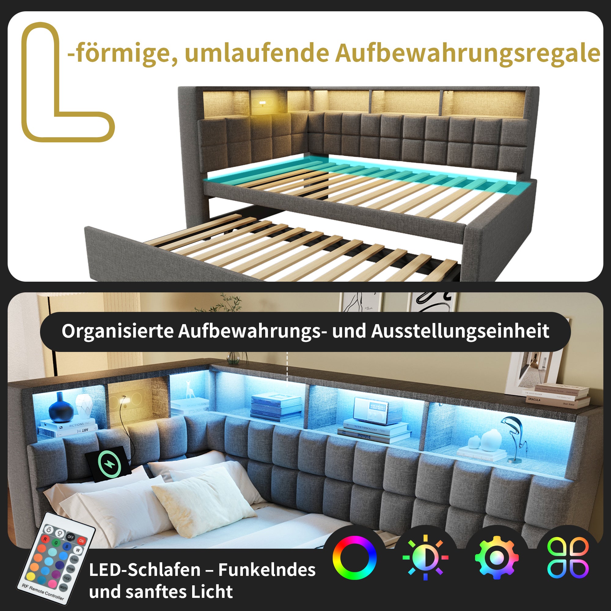 Łóżko wysuwane 90 x 200 cm + 90 x 190 cm z półką - diody LED, porty USB/Type-C i głośnik Bluetooth - szare (materac nie jest dołączony) - 4