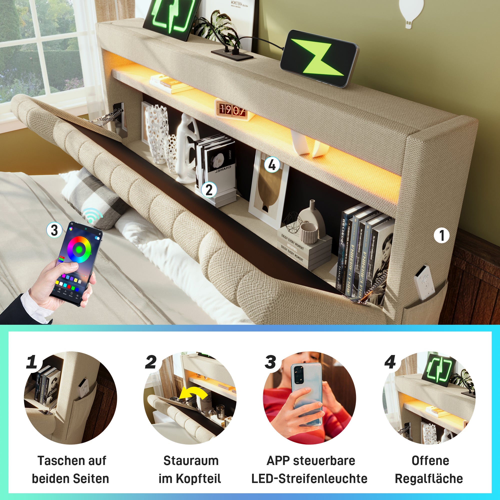 Lit coffre 160 x 200 avec tête de lit de rangement - Charge USB & Type-C et LEDs - Tissu en lin - Beige (sans matelas) - 4