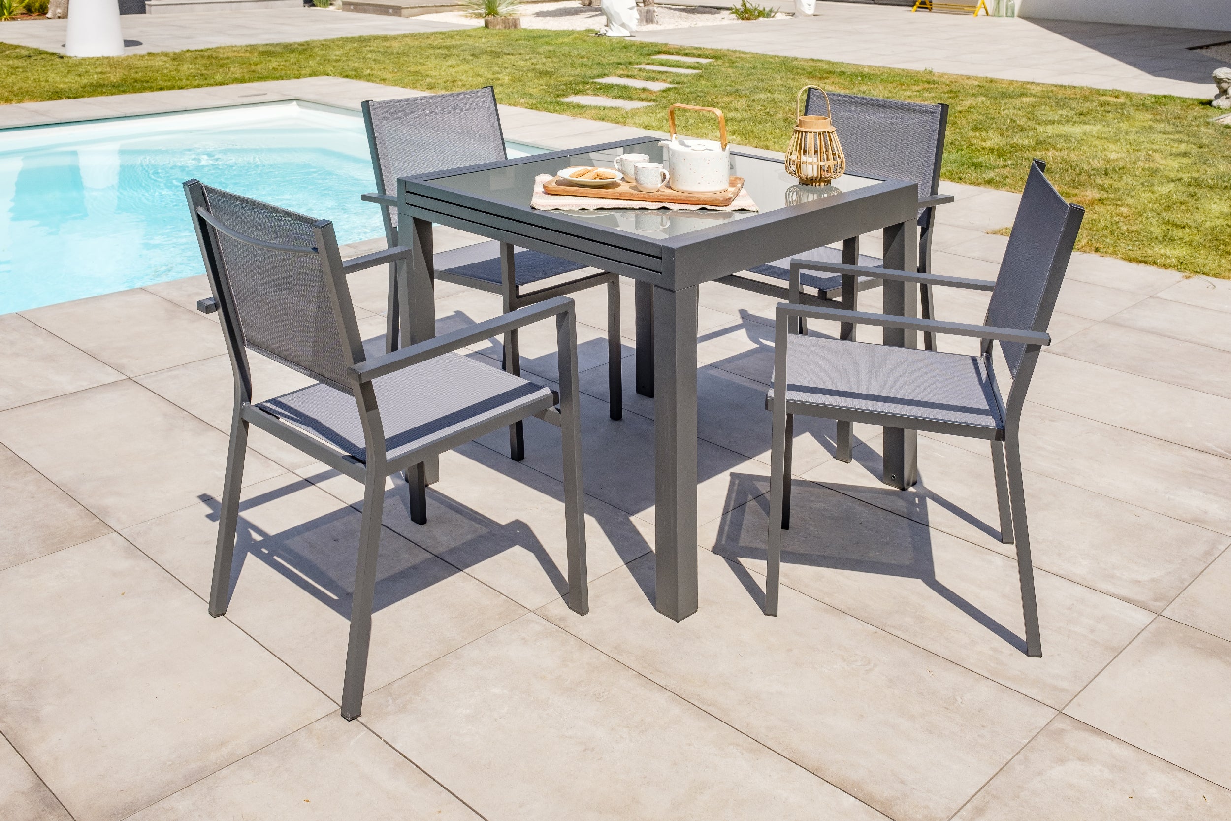 Fauteuil de jardin empilable alu anthracite et toile plastifiée grise TOLEDE - DCB GARDEN - 4