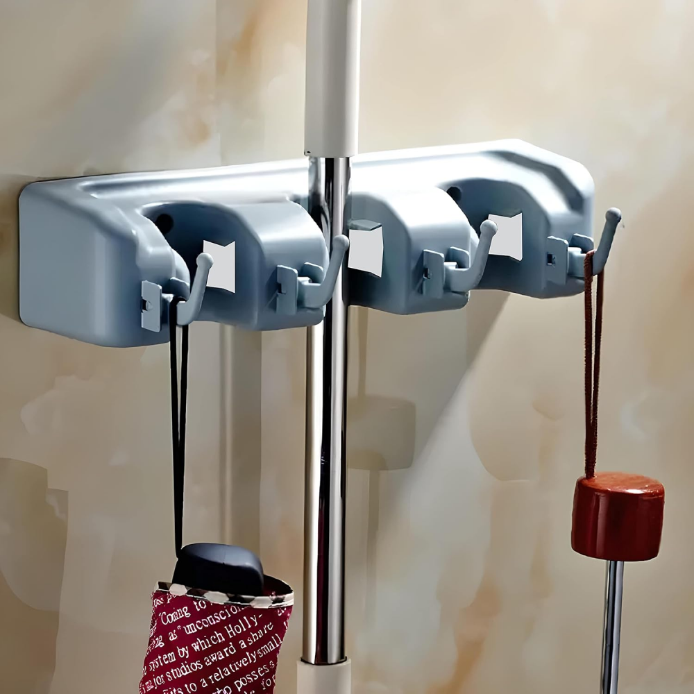 Porta-scopa da parete e organizer per attrezzi da giardino, 4 ganci e 3 scomparti per cucina, bagno, garage, giardino, grigio | Leroy Merlin