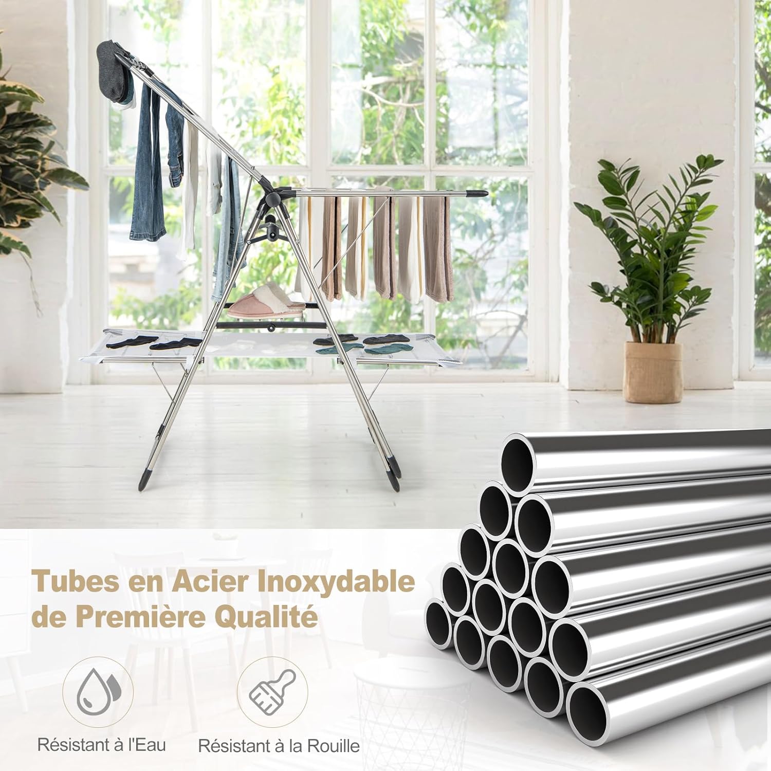 Étendoir Linge Intérieur,en Acier Inox, Cintre Haut 182 cm, Grand Filet de Séchage, Tancarville Linge Solide Réglable 70-140 cm - 7