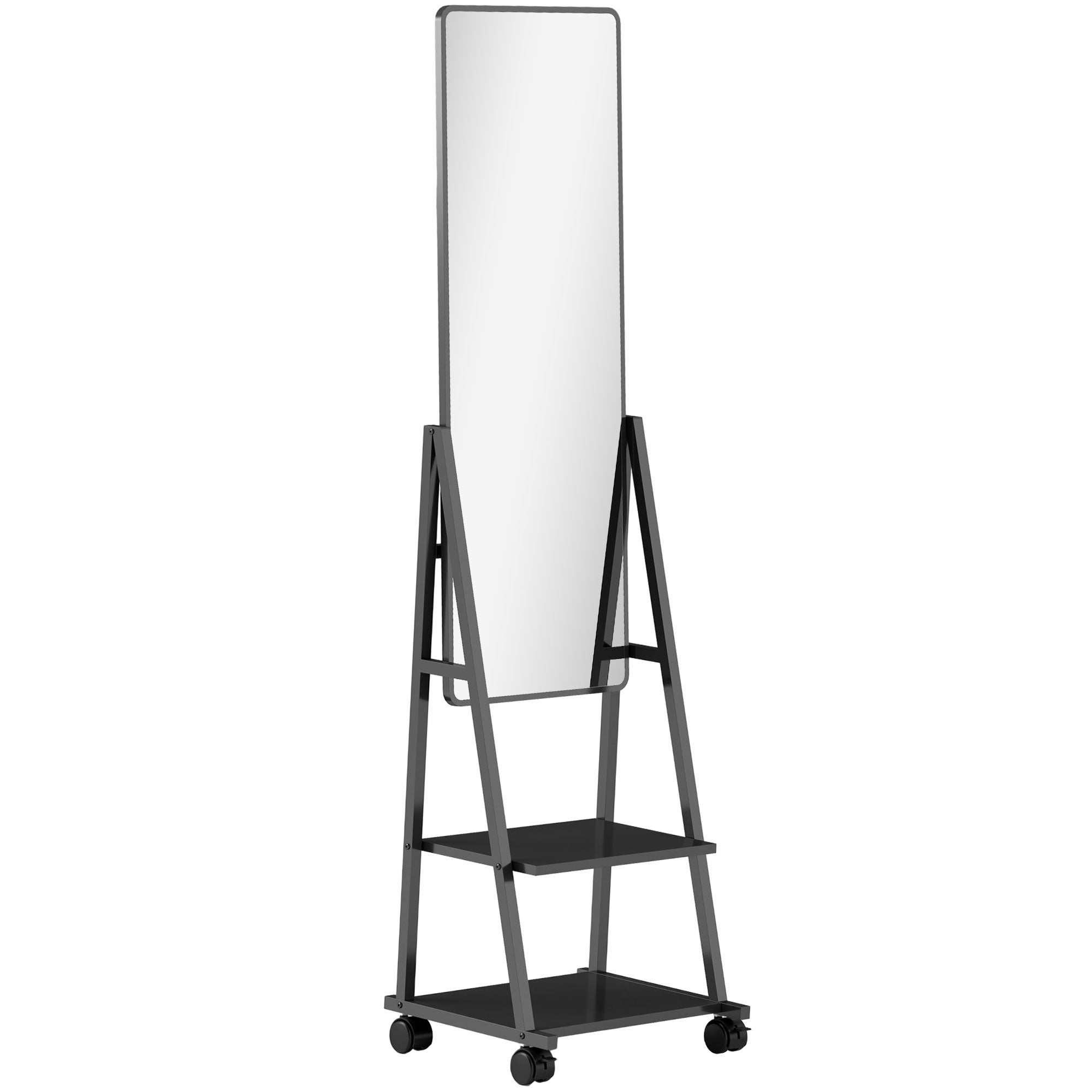 Lustro pełnowymiarowe 42 x 155 cm z półkami, czarne lustro stojące z kółkami do sypialni i salonu