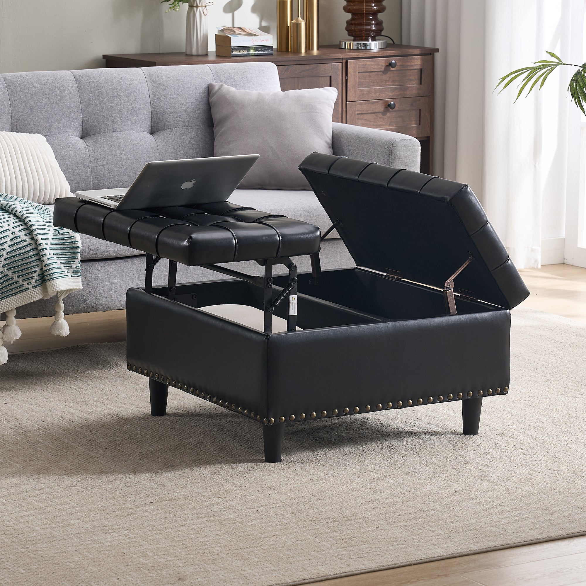 Panca contenitore quadrata in similpelle nera, seduta imbottita