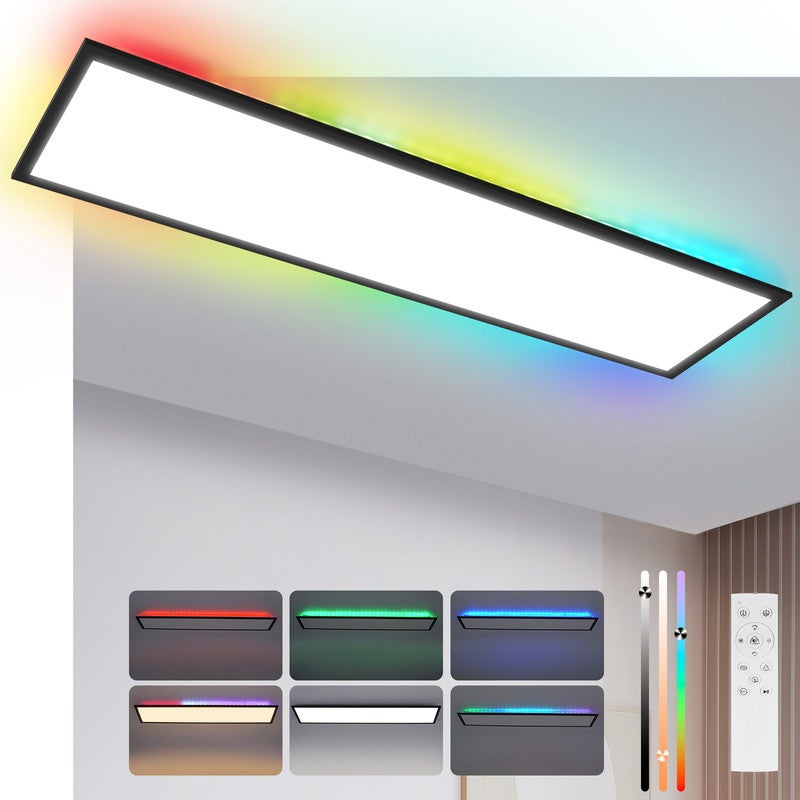 Panel LED NETTLIFE 100 x 25 cm, ściemnialny, zmieniający kolor, płaski sufitowy z podświetleniem RGB i pilotem, czarny, 24 W